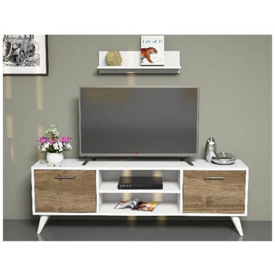 Mobile Porta Tv Horus Moderno, Con Ante, Mensola, Ripiani, Da Salotto, Bianco, Noce In Legno, 120 X 30 X 48,6 Cm