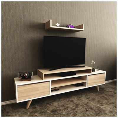 Mobile Porta Tv Melis Moderno, Con Ante, Mensola, Ripiani, Da Salotto, Bianco, Sonoma In Legno, 160 X 29,7 X 48,4 Cm