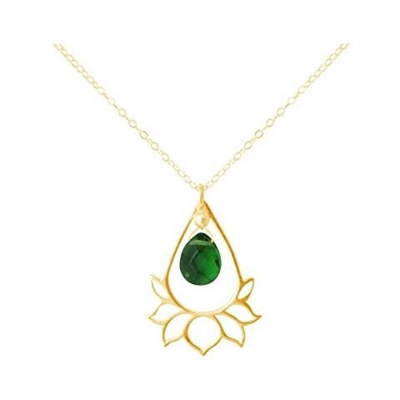 Donna - Collana - Ciondolo - Argento 925 - Placcato Oro 18k - Fiore Di Loto - Tormalina - Quarzo - Lacrima - Goccia - Verde - Yoga - 45 Cm