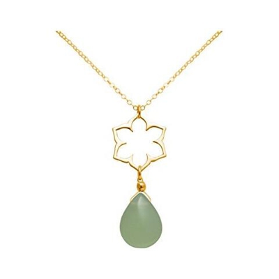 Donna - Collana - Ciondolo - Argento 925 - Placcato Oro 18k - Fiore Di Loto - Mandala - Calcedonio - Lacrima - Goccia - Verde - Yoga - 45 Cm