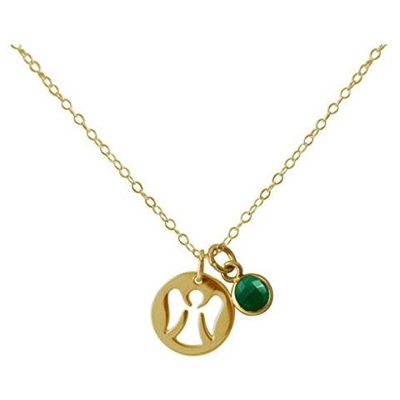 Collana - Ciondolo - Angelo Custode - Argento 925 - Placcato Oro 18k - Smeraldo - Verde - 1,3 Cm