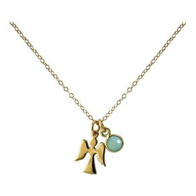Collana - Ciondolo - Angelo Custode - Argento 925 - Placcato Oro 18k - Calcedonio - Verde Acqua - 1,3 Cm