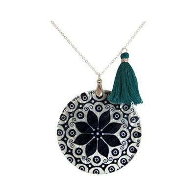Donna - Collana - Ciondolo - Medaglione - 925 Sterling Argento - Flowers - Nero - Azzurro - 5 Cm