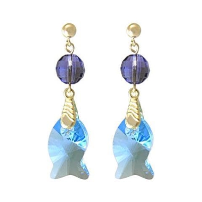 Donna - Oreccini - Placcato Oro 18k - Pesce - Azzurro - Viola - Made With Swarovski Elements® - 3,5 Cm