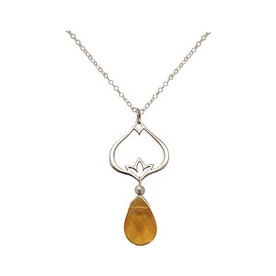 Donna - Collana - Ciondolo - Argento 925 - Fiore Di Loto - Citrino - Lacrima - Goccia - Giallo - Yoga - 45 Cm