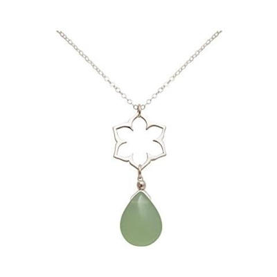 Donna - Collana - Ciondolo - Argento 925 - Fiore Di Loto - Mandala - Calcedonio - Lacrima - Goccia - Verde - Yoga - 45 Cm