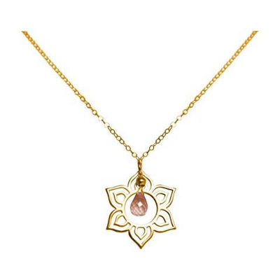 Donna - Collana - Ciondolo - Argento 925 - Placcato Oro 18k - Fiore Di Loto - Mandala - Quarzo Rosa - Lacrima - Goccia - Yoga - 45 Cm