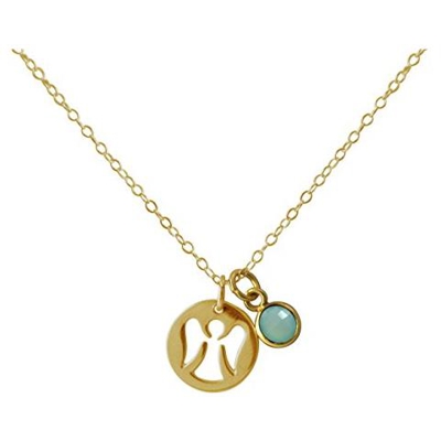 Collana - Ciondolo - Angelo Custode - Argento 925 - Placcato Oro 18k - Calcedonio - Verde Acqua - 1,3 Cm