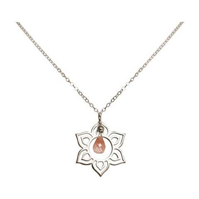 Donna - Collana - Ciondolo - Argento 925 - Fiore Di Loto - Mandala - Quarzo Rosa - Lacrima - Goccia - Yoga - 45 Cm
