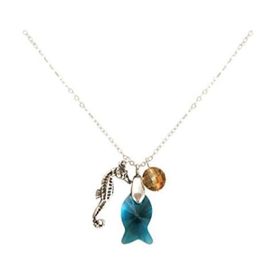 Donna - Collana - Ciondolo - Argento 925 - Pesce - Cavalluccio Marino - Azzurro - Made With Swarovski Elements® - 45 Cm