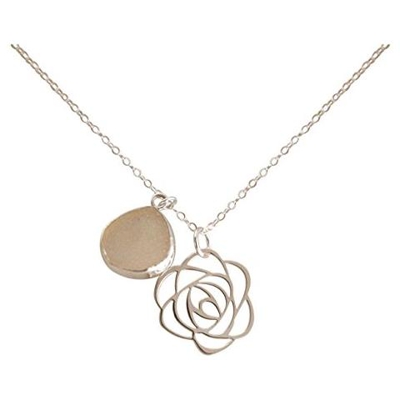 Donna - Collana - Ciondolo - 925 Sterling Argento - Art Deco - Fiore - 925 Sterling Argento -- Drusi - Quarzo Rosa - 45 Cm