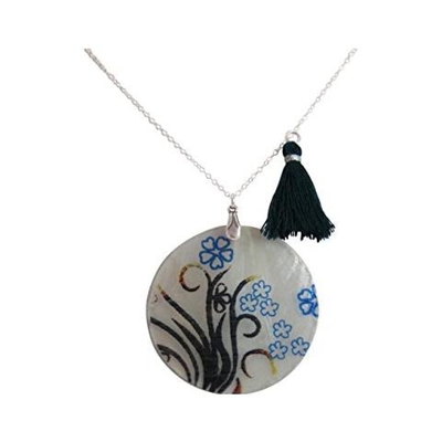 Donna - Collana - Ciondolo - Medaglione - 925 Sterling Argento - Flowers - Nero - Azzurro - 5 Cm