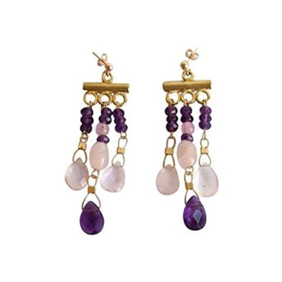 Donna - Orecchini - Placcato Oro 14k - Ametista - Viola - Quarzo Rosa - Goccia - 4 Cm