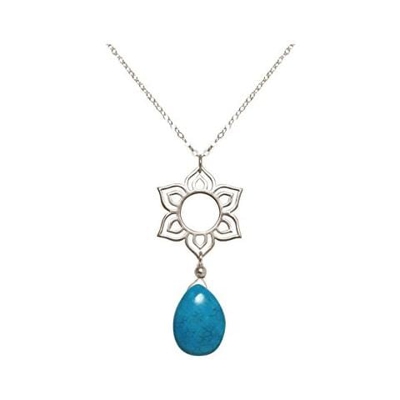 Donna - Collana - Ciondolo - Argento 925 - Fiore Di Loto - Mandala - Turchese - Lacrima - Goccia - Azzurro - Yoga - 45 Cm