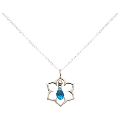 Donna - Collana - Ciondolo - Argento 925 - Fiore Di Loto - Mandala - Quarzo De Topazio - Lacrima - Goccia - Azzurro - Yoga - 45 Cm