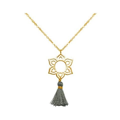 Donna - Collana - Ciondolo - Argento 925 - Placcato Oro 18k - Fiore Di Loto - Mandala - Nappa - Grigio - Yoga - 45 Cm