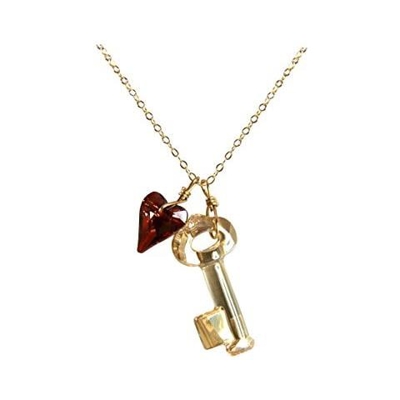 Donna - Collana - Ciondolo - Placcato Oro 18k - Chiave - Cuore - Rosso - Giallo Dorado - Made With Swarovski Elements® - 45 Cm
