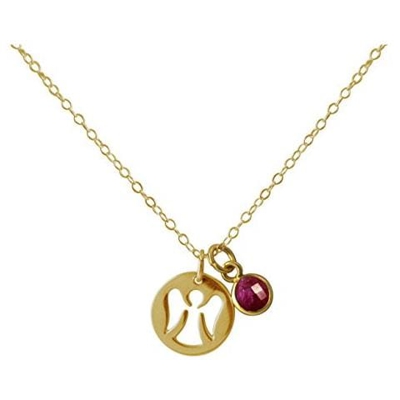 Collana - Ciondolo - Angelo Custode - Argento 925 - Placcato Oro 18k - Rubino - Rosso - 1,3 Cm