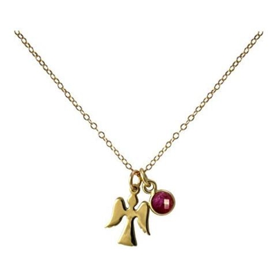 Collana - Ciondolo - Angelo Custode - Argento 925 - Placcato Oro 18k - Rubino - Rosso - 1,3 Cm