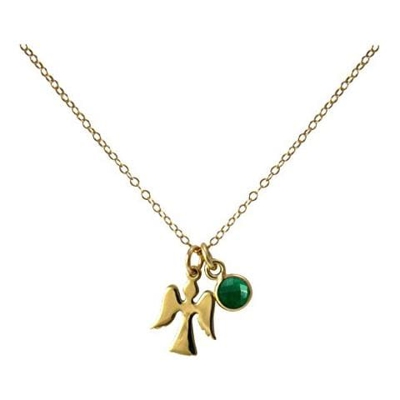Collana - Ciondolo - Angelo Custode - Argento 925 - Placcato Oro 18k - Smeraldo - Verde - 1,3 Cm