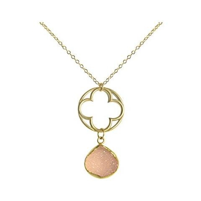 Donna - Collana - Ciondolo - Clover - 925 Sterling Argento - Placcato Oro 18k -- Drusi - Quarzo Rosa - 45 Cm