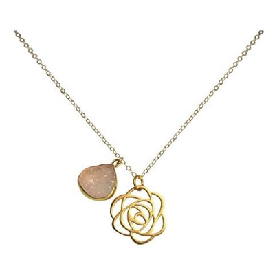 Donna - Collana - Ciondolo - 925 Sterling Argento - Placcato Oro 18k - Art Deco - Fiore - Drusi - Quarzo Rosa - 45 Cm
