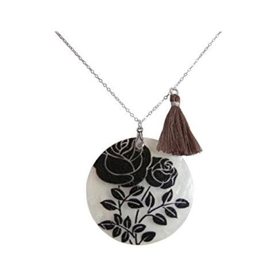 Donna - Collana - Ciondolo - Medaglione - 925 Sterling Argento - Flowers - Nero - Rose - 5 Cm