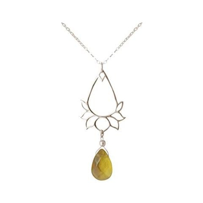 Donna - Collana - Ciondolo - Argento 925 - Fiore Di Loto - Citrino - Lacrima - Goccia - Giallo Dorato - Yoga - 45 Cm