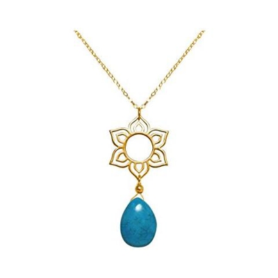Donna - Collana - Ciondolo - Argento 925 - Placcato Oro 18k - Fiore Di Loto - Mandala - Turchese - Lacrima - Goccia - Azzurro - Yoga - 45 Cm