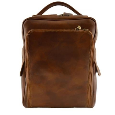 Zaino In Pelle Vera Per Uomo Con Tasca Frontale Colore Cognac - Pelletteria Toscana Made In Italy - Zaino