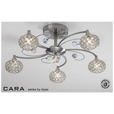 Inspired Diyas - Cara - Filo A Soffitto 5 Luci Nichel Satinato, Cristallo