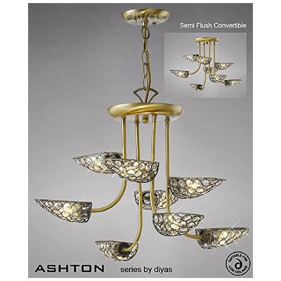 Inspired Diyas - Ashton - Pendente Semi Filo Soffitto 8 Luci In Ottone Antico, Cristallo