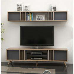 Mobile Porta Tv Bren Moderno - Con Ante, Mensola, Ripiani - Da Salotto - Noce, Antracite In Legno, 180 X 35 X 48 Cm en oferta