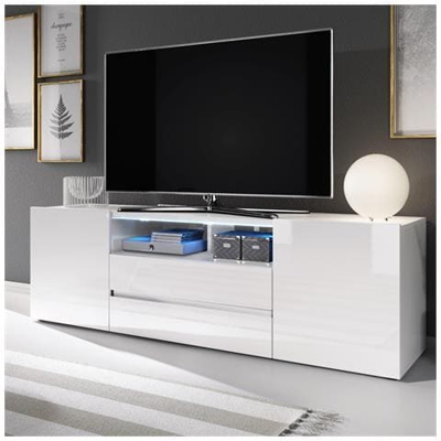 Bros - Mobile Tv Con Scomparti / Porta Tv Stile Moderno / Tavolino Tv Con Scomparti / Bianco Con Frontali Lucidi / Illuminazione Led