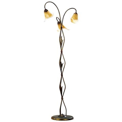 Lampada Da Terra 3 Luci In Metallo Marrone Spennellato Oro E Vetri Ambra Stile Classico