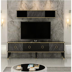 Mobile Porta Tv Bien Con Ante, Mensola, Ripiani - Da Salotto - Nero, Oro In Legno, 180 X 35 X 50 Cm precio