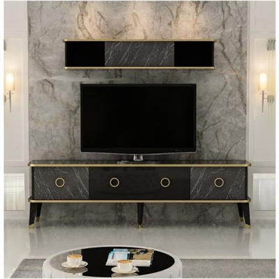 Mobile Porta Tv Bien Con Ante, Mensola, Ripiani - Da Salotto - Nero, Oro In Legno, 180 X 35 X 50 Cm