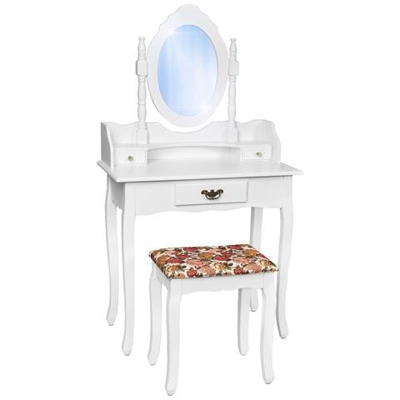 Tavolino Da Trucco, Toeletta, Con Specchio E Sgabello Effetto E Anticato - Bianco