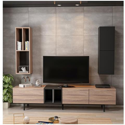 Mobile Porta Tv Diany Moderno Componibile, Libreria - Con Ante, Ripiani, Mensole - Da Salotto - Nero In Legno, 195 X 37 X 45 Cm