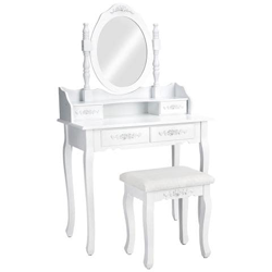 Tavolino Da Trucco, Toeletta, Con Specchio E Sgabello Effetto Retrò - Bianco en oferta
