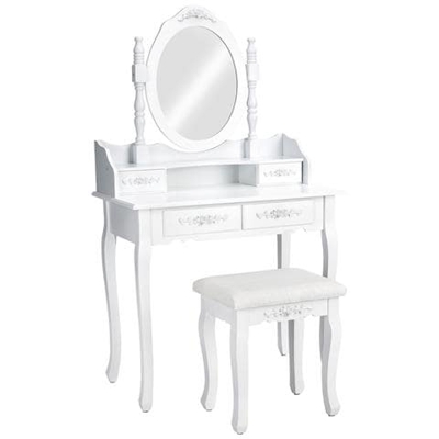 Tavolino Da Trucco, Toeletta, Con Specchio E Sgabello Effetto Retrò - Bianco