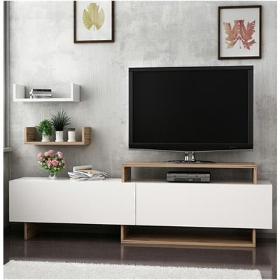 Mobile Porta Tv Zera Moderno - Con Ante, Mensole, Ripiani - Da Salotto - Noce, Bianco In Legno, 180 X 30 X 48 Cm