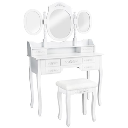 Ver Tavolino Da Trucco, Toeletta, Con 7 Cassetti, Specchio E Sgabello Effetto Retrò - Bianco y sus características Tavolino Da Trucco, Toeletta, Con 7 Cassetti, Specchio E Sgabello Effetto Retrò - Bianco características