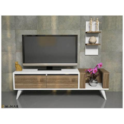 Mobile Porta Tv Pers Moderno - Con Ante, Mensole, Ripiani - Da Salotto - Color Noce, Bianco In Legno, 130 X 30 X 38,6 Cm en oferta