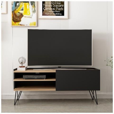Mobile Porta Tv Aral, Moderno, Con Ante, Mensole, Ripiani, Da Soggiorno, Nero, Legno, Metallo, 124 X 37 X 50 Cm
