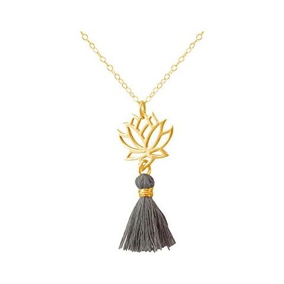 Donna - Collana - Ciondolo - Argento 925 - Placcato Oro 18k - Fiore Di Loto - Nappa - Azzurro Grigio - Yoga - 45 Cm