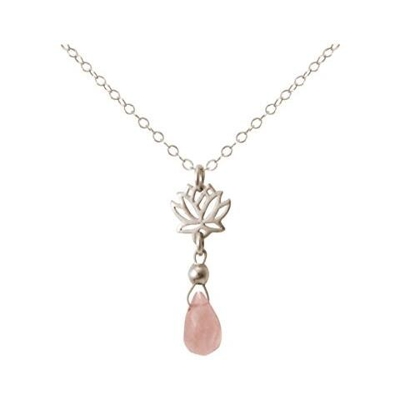 Donna - Collana - Ciondolo - Argento 925 - Fiore Di Loto - Quarzo Rosa - Lacrima - Goccia - Yoga - 45 Cm