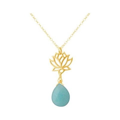 Donna - Collana - Ciondolo - Argento 925 - Placcato Oro 18k - Fiore Di Loto - Turchese - Lacrima - Goccia - Verde Acqua - Yoga - 45 Cm