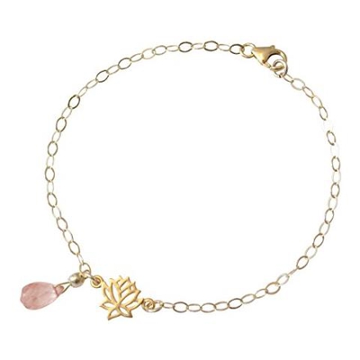Donna - Braccialetto - Argento 925 - Placcato Oro 18k - Fiore Di Loto - Quarzo Rosa - Lacrima - Goccia - Yoga