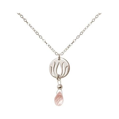 Donna - Collana - Ciondolo - Argento 925 - Fiore Di Loto - Quarzo Rosa - Lacrima - Goccia - Yoga - 45 Cm